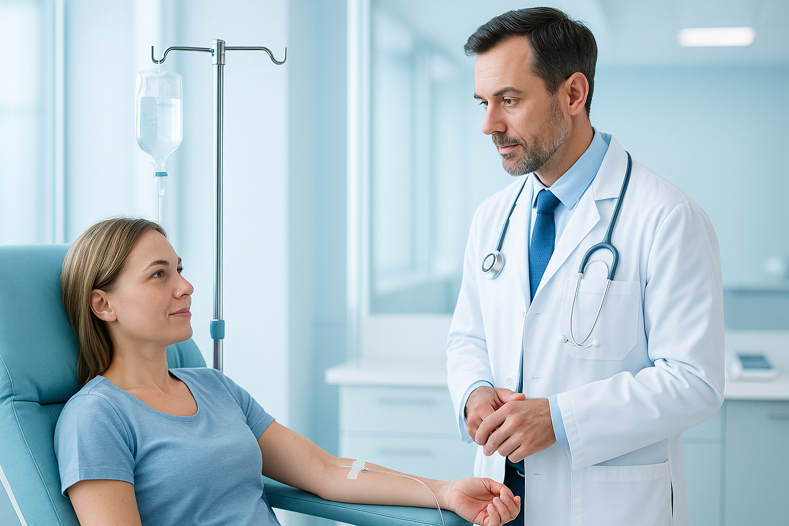 Paciente recebendo soroterapia intravenosa com médico atento em ambiente clínico moderno.