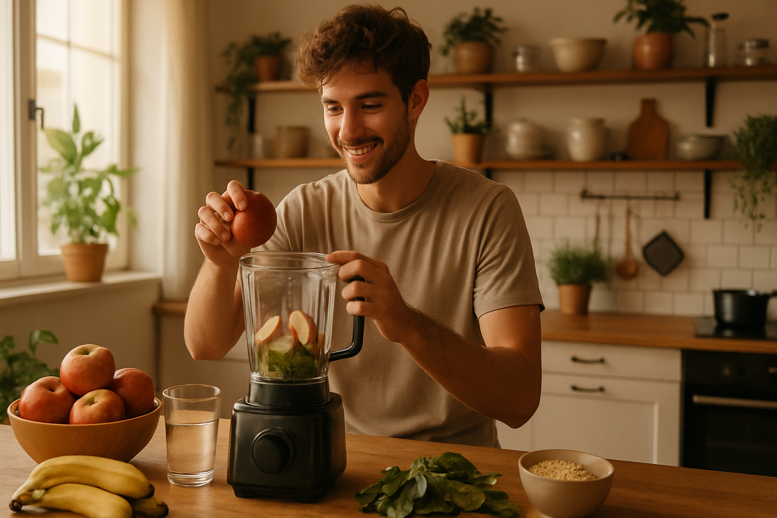 Incorpore a Maca Peruana em Receitas Práticas e Saudáveis Pessoa jovem misturando smoothie de maca peruana em cozinha ensolarada e saudável.