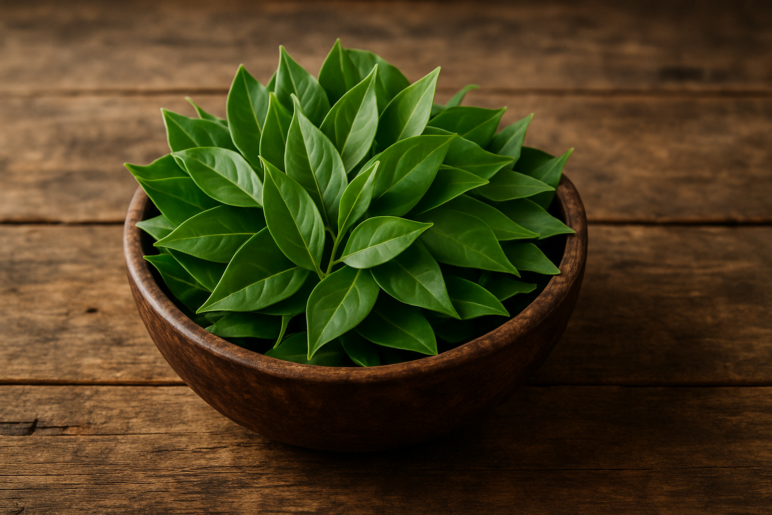 Folhas Frescas de Ora-pro-nóbis: Visualize o Ingrediente Principal Folhas frescas de ora-pro-nóbis em tigela sobre mesa de madeira rústica