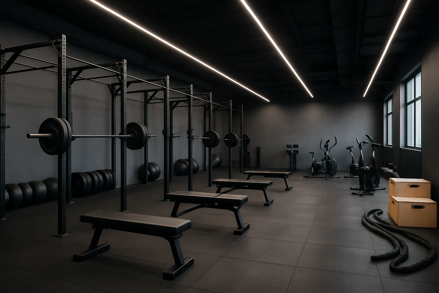 Ambiente de academia moderna com equipamentos para treino de alta intensidade, espaço fitness otimizado para estimular hormônio do crescimento