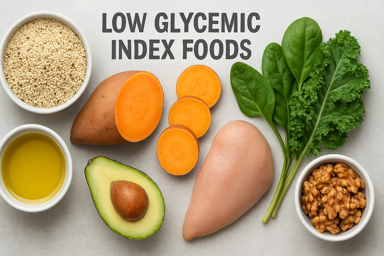 Composição científica de alimentos de baixo índice glicêmico incluindo vegetais folhosos, proteínas magras e carboidratos inteligentes