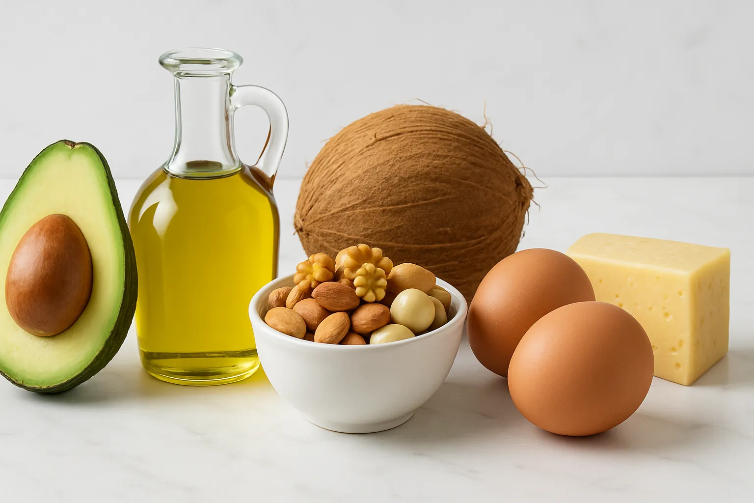 Alimentos Cetogênicos – Gorduras Saudáveis e Low Carb Composição científica de alimentos cetogênicos com gorduras saudáveis, proteínas e vegetais low carb