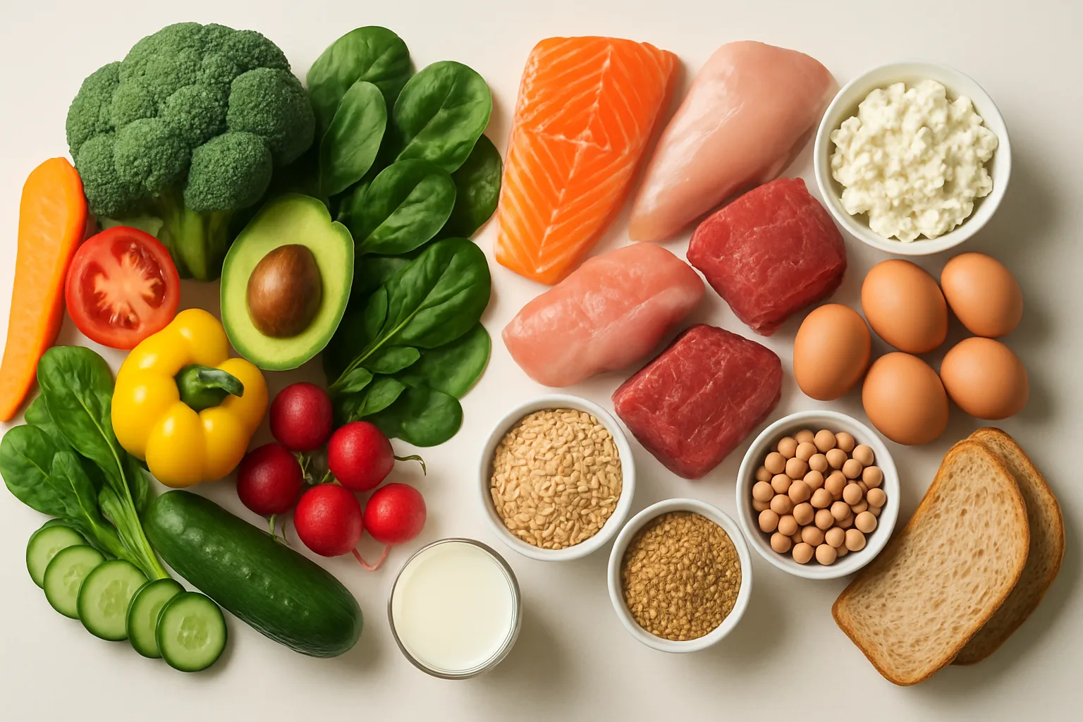 Alimentos Equilibrados para Reeducação Alimentar Arranjo de alimentos saudáveis representando uma dieta equilibrada e nutritiva