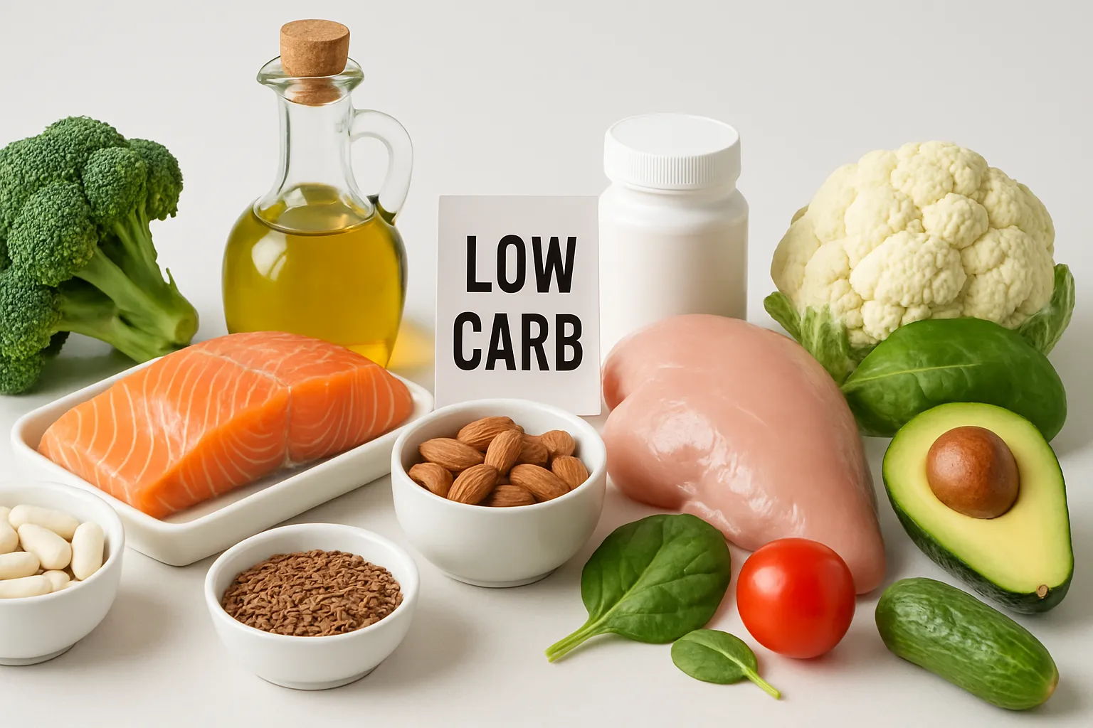 Alimentos Low Carb – Produtos Permitidos Arranjo de alimentos permitidos na dieta low carb com proteínas e vegetais saudáveis