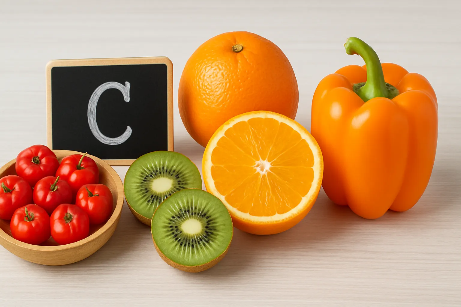 Variedade de alimentos ricos em vitamina C dispostos artisticamente