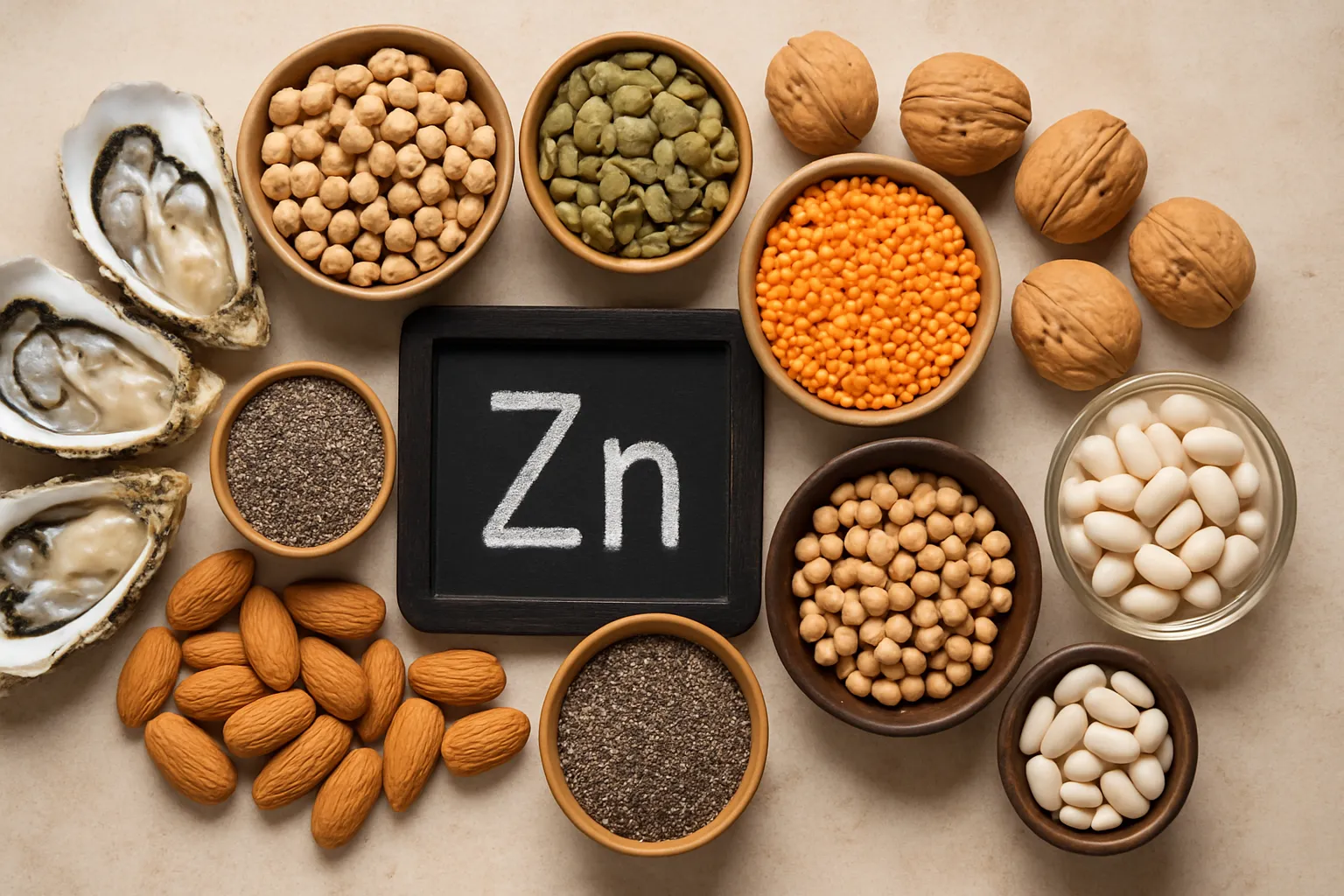 Variedade de alimentos naturais ricos em zinco: ostras, castanhas, sementes e leguminosas em apresentação científica