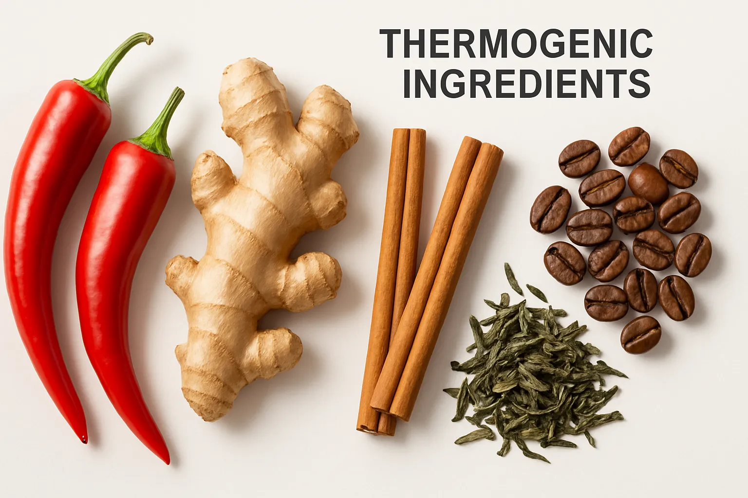 Alimentos Termogênicos Cientificamente Comprovados Coleção de alimentos termogênicos: pimentas, gengibre, canela, chá verde e café em apresentação científica