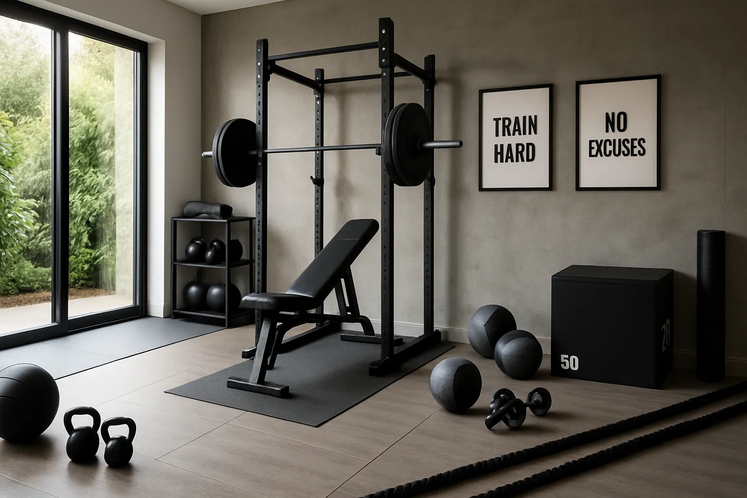 Ambiente de Treino HIIT – Espaço Para Transformação Ambiente doméstico organizado para prática de HIIT, mostrando como integrar treinos de alta intensidade no dia a dia