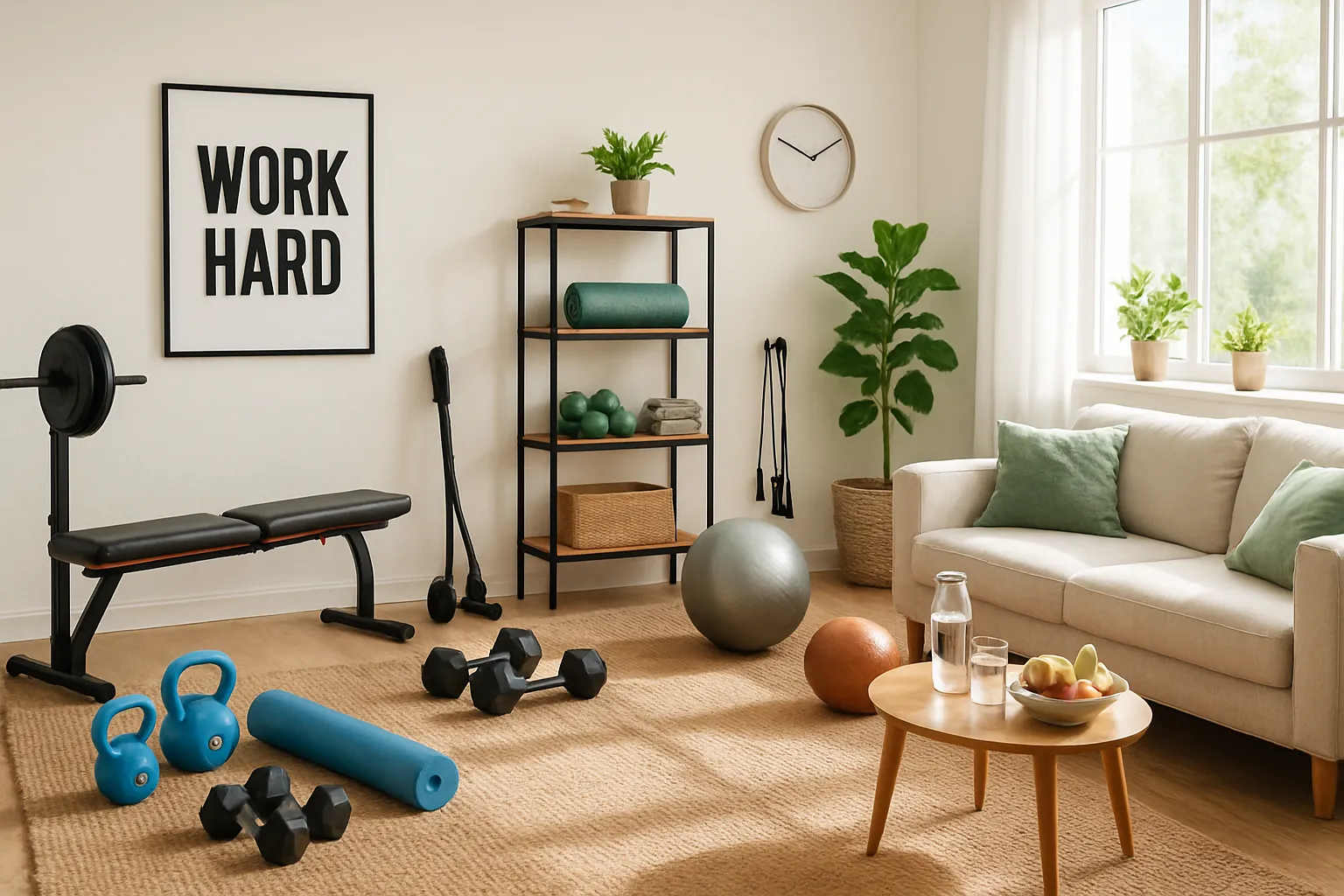 Ambiente de Vida Saudável e Exercícios Ambiente doméstico preparado para exercícios variados e estilo de vida saudável, representando as mudanças necessárias para quebrar o platô