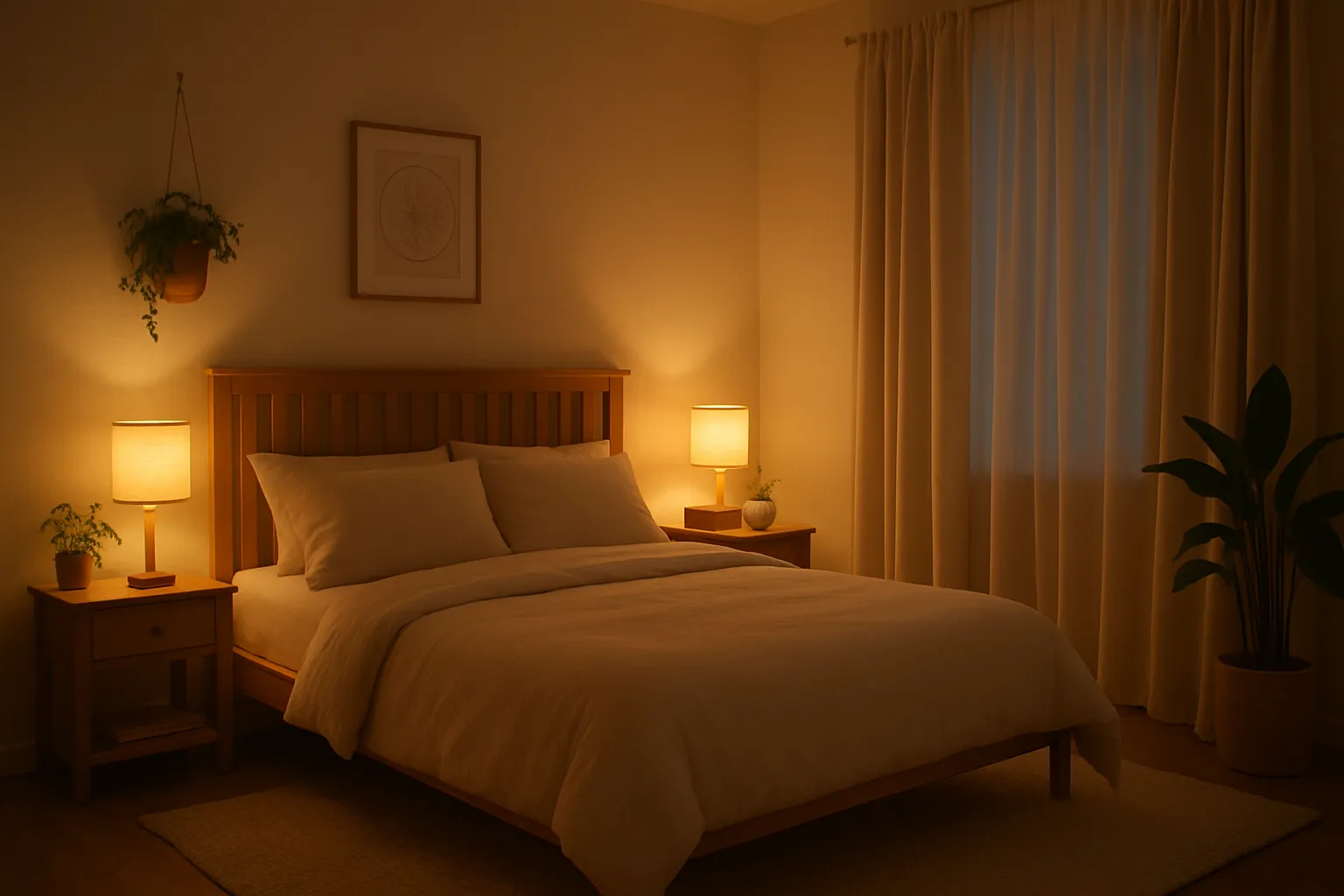 Ambiente de quarto tranquilo preparado para uma rotina noturna saudável e sono reparador