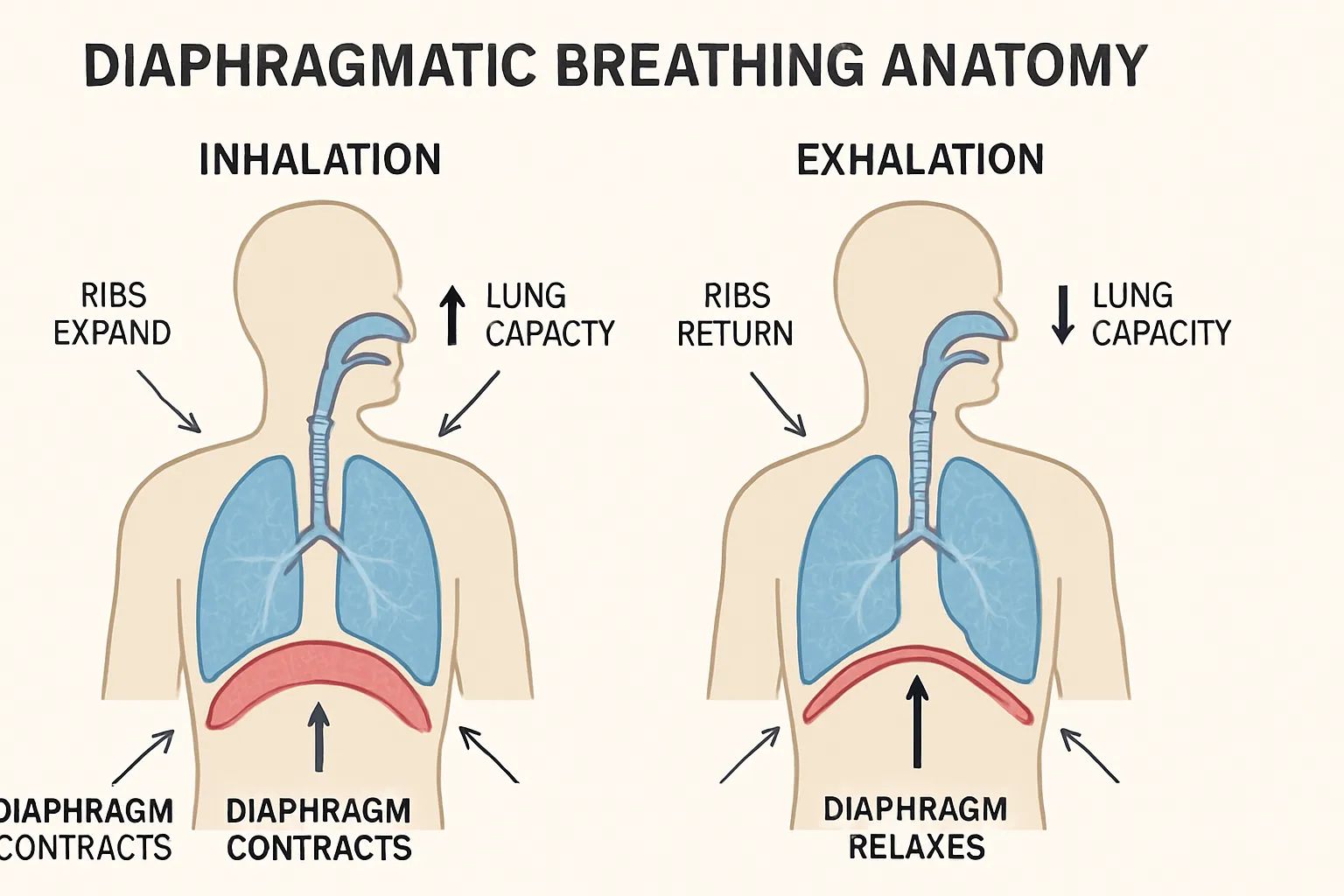 Diagrama científico mostrando a anatomia da respiração diafragmática e o funcionamento do sistema respiratório