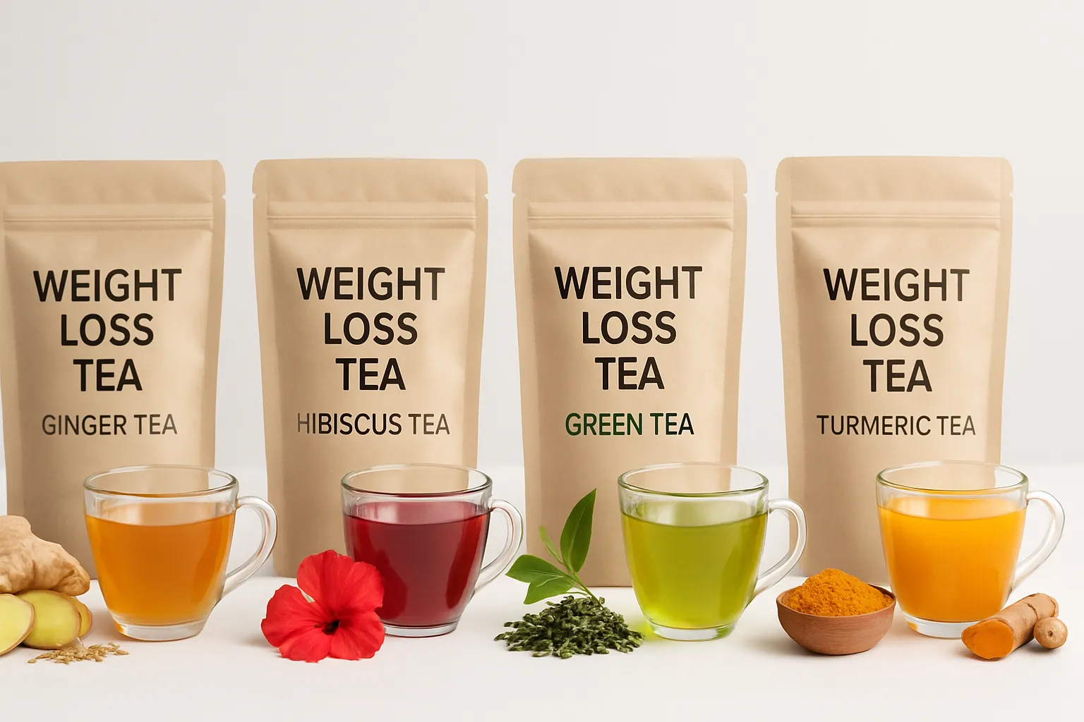 Variedade de chás naturais para emagrecimento incluindo gengibre, hibisco e chá verde