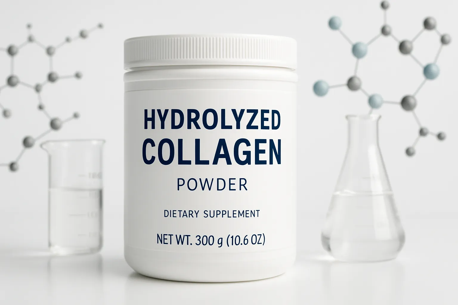 Colágeno Hidrolisado – Suplemento Científico Frasco de colágeno hidrolisado em pó com elementos científicos representando absorção e eficácia