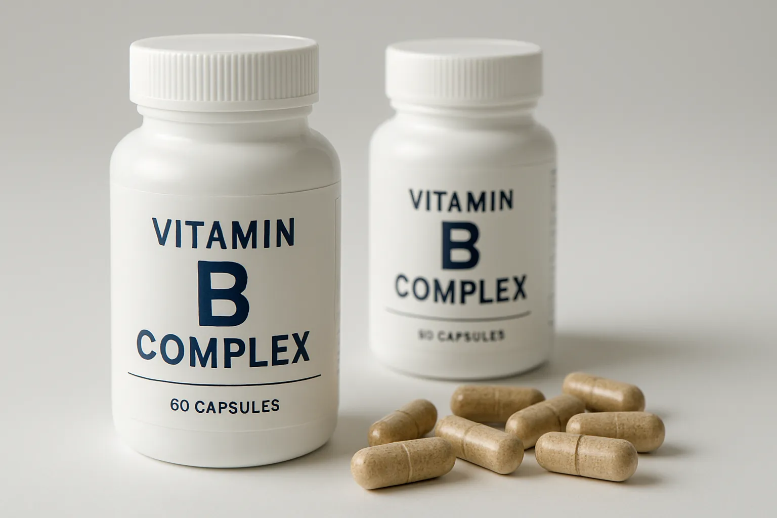 Complexo B – Vitaminas Essenciais em Destaque Frascos e cápsulas de vitaminas do complexo B em apresentação científica e técnica