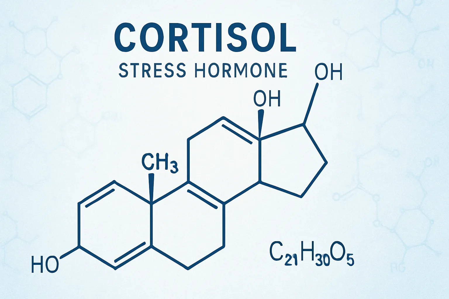 Representação científica da molécula de cortisol e sua estrutura química hormonal