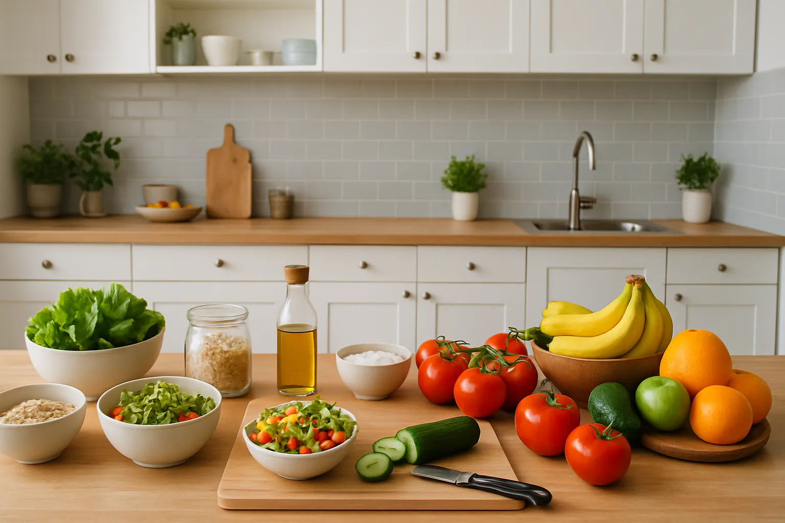 Cozinha Organizada para Vida Saudável Cozinha moderna e organizada preparada para uma alimentação saudável e consciente