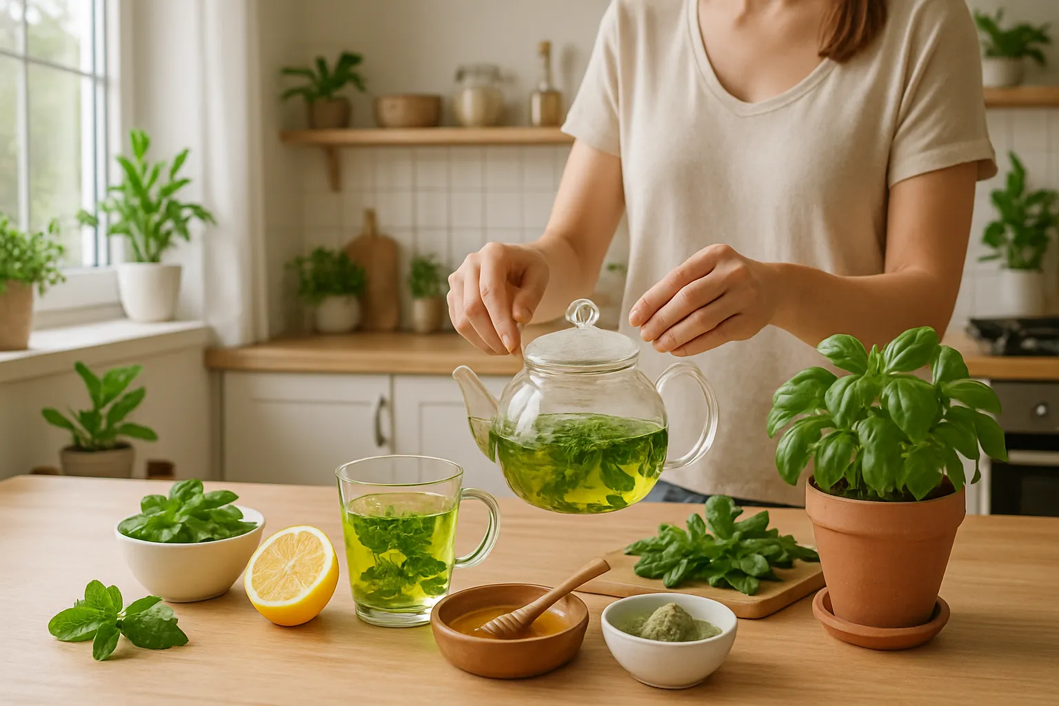 Cozinha moderna com preparo de chás saudáveis e ingredientes naturais para emagrecimento