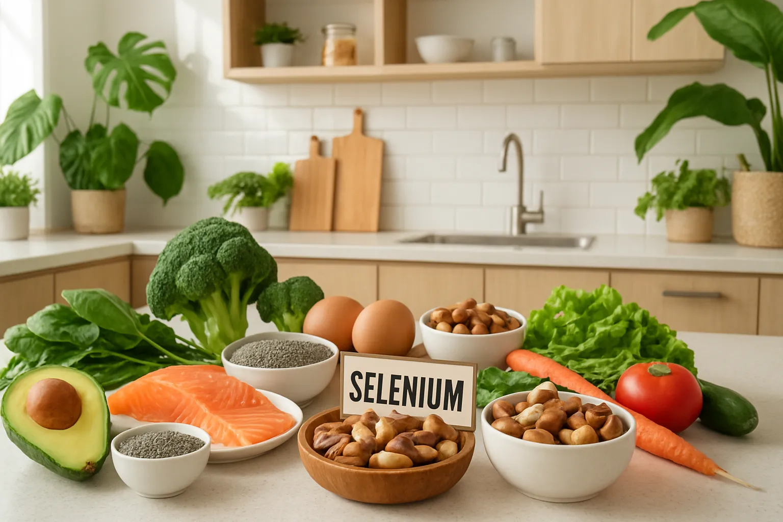 Cozinha Saudável com Alimentos Ricos em Selênio Cozinha moderna e iluminada com castanhas-do-Brasil e outros alimentos ricos em selênio preparados para uma alimentação saudável