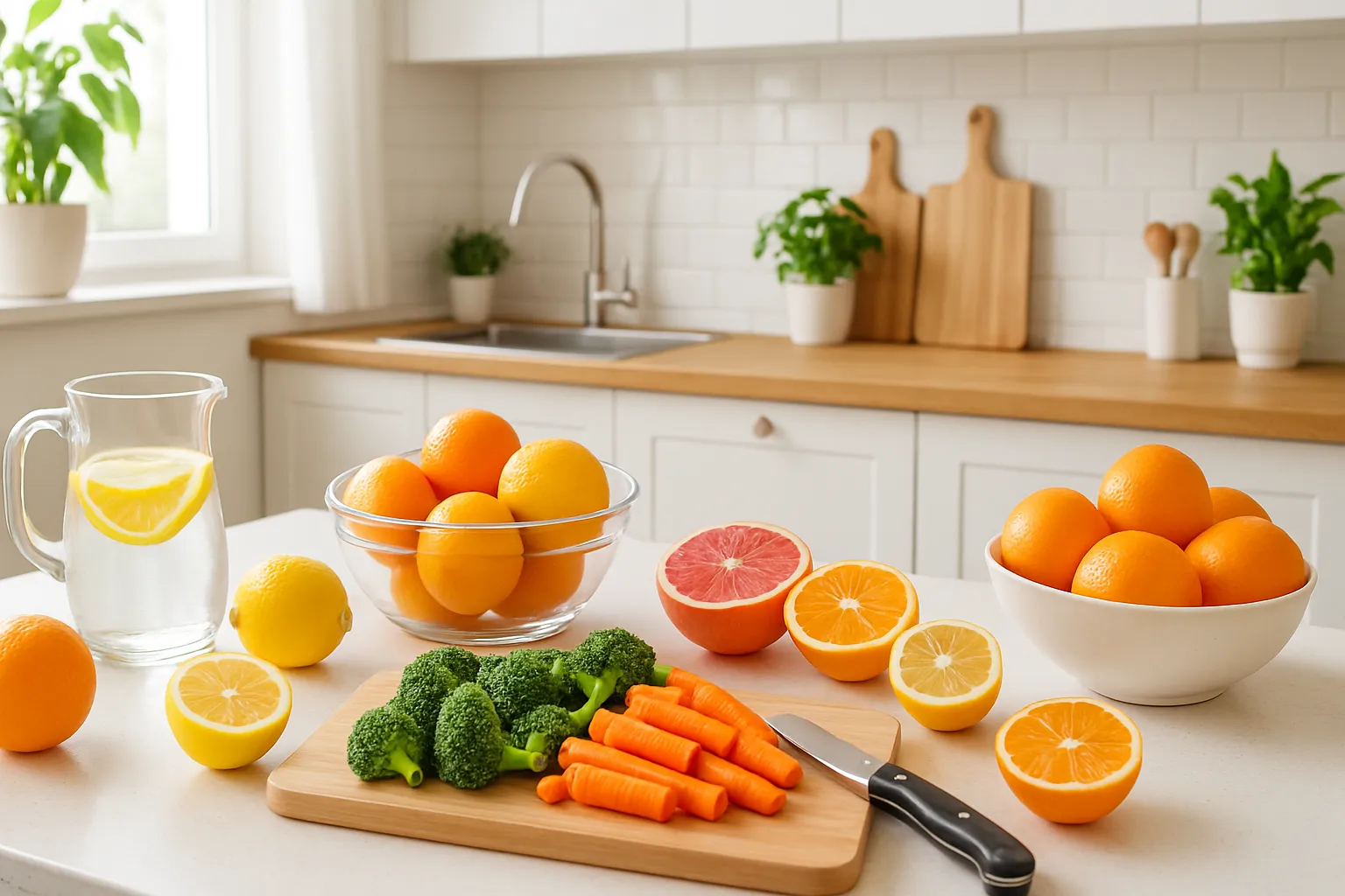 Cozinha moderna com ingredientes frescos ricos em vitamina C para preparo de refeições saudáveis