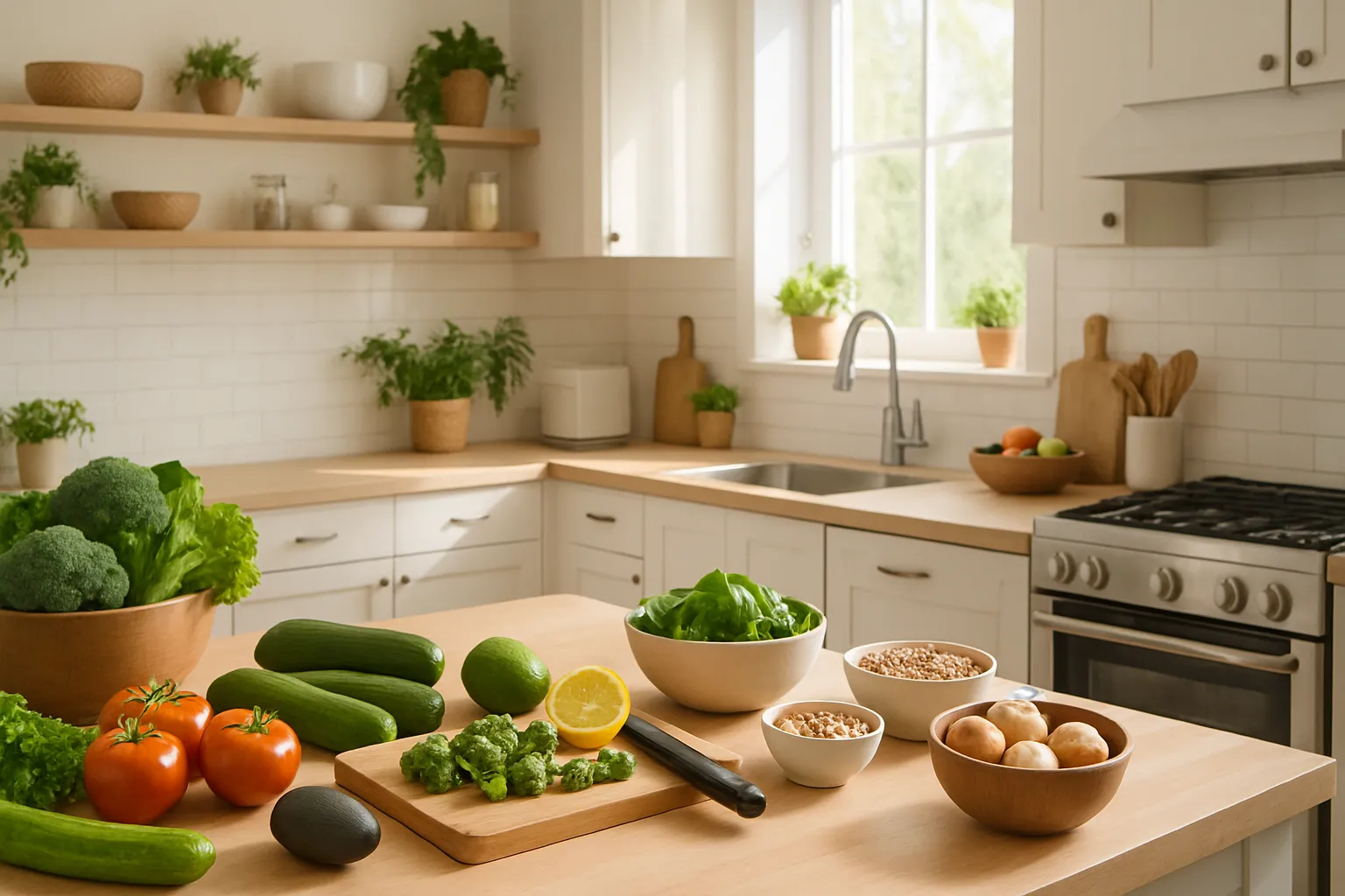 Cozinha Saudável e Intuitiva Cozinha moderna com alimentos frescos e saudáveis preparados de forma natural