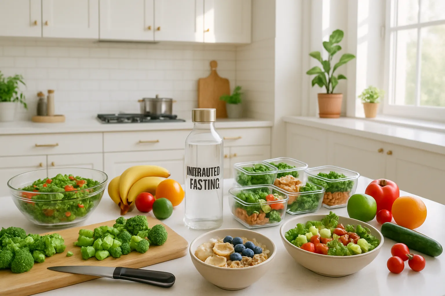 Cozinha Saudável e Estilo de Vida Equilibrado Cozinha moderna com preparação de refeições saudáveis para janela alimentar do jejum intermitente