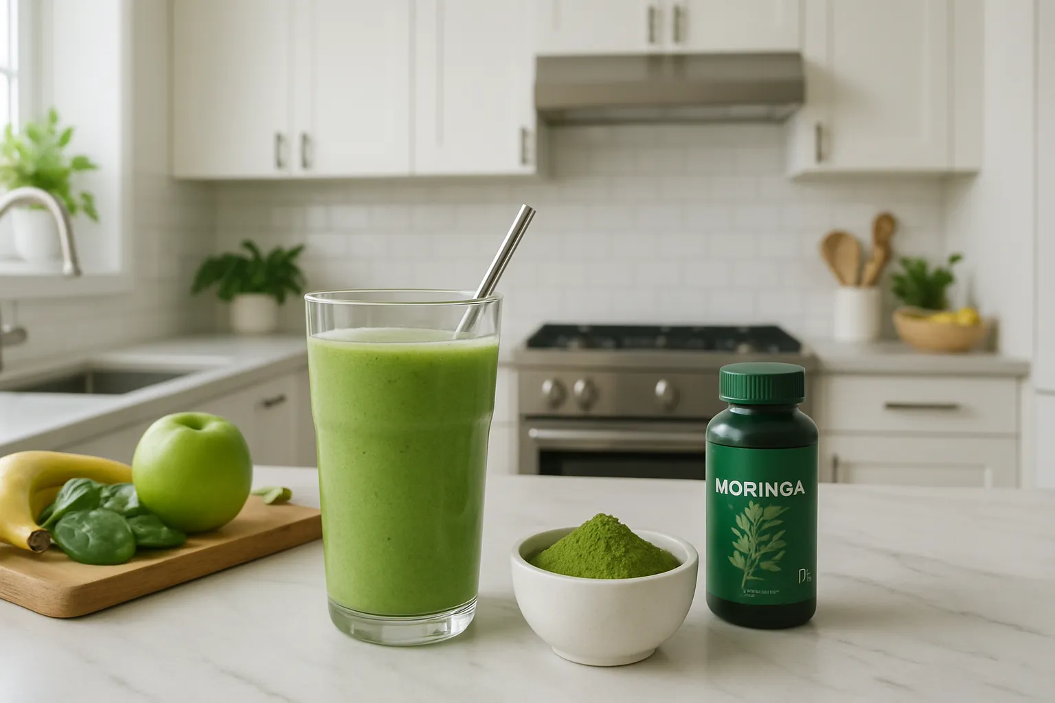 Cozinha Saudável com Moringa Cozinha moderna com smoothie de moringa e ambiente de vida saudável