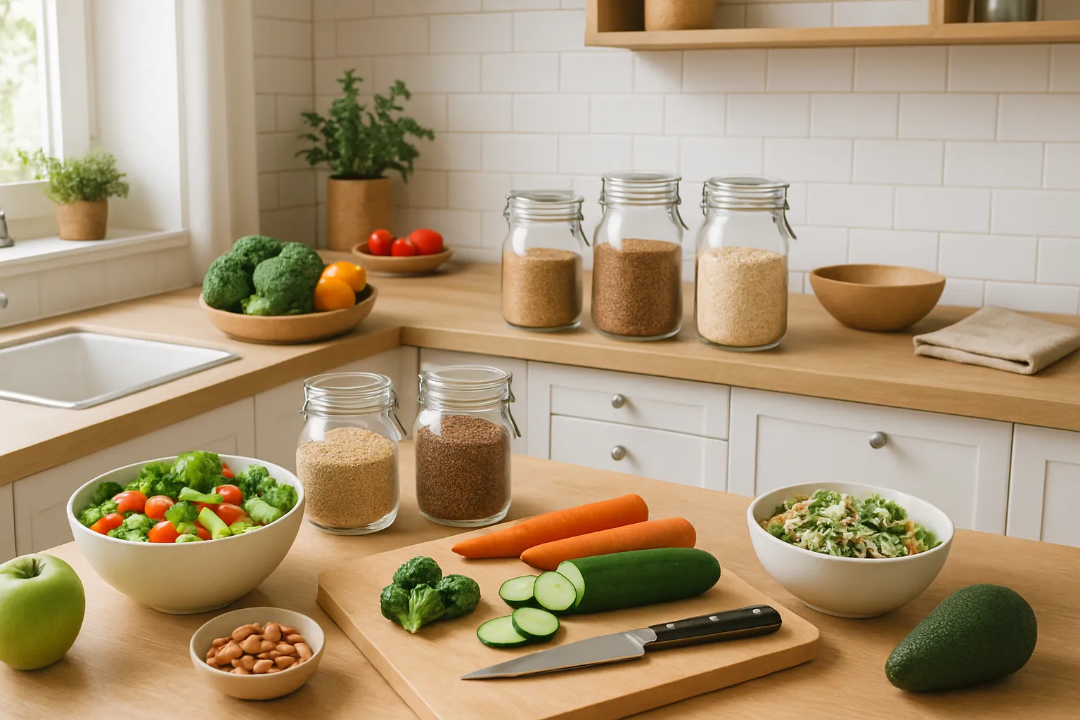 Cozinha moderna com ingredientes de baixo índice glicêmico, ambiente de preparo de refeições saudáveis para controle de peso
