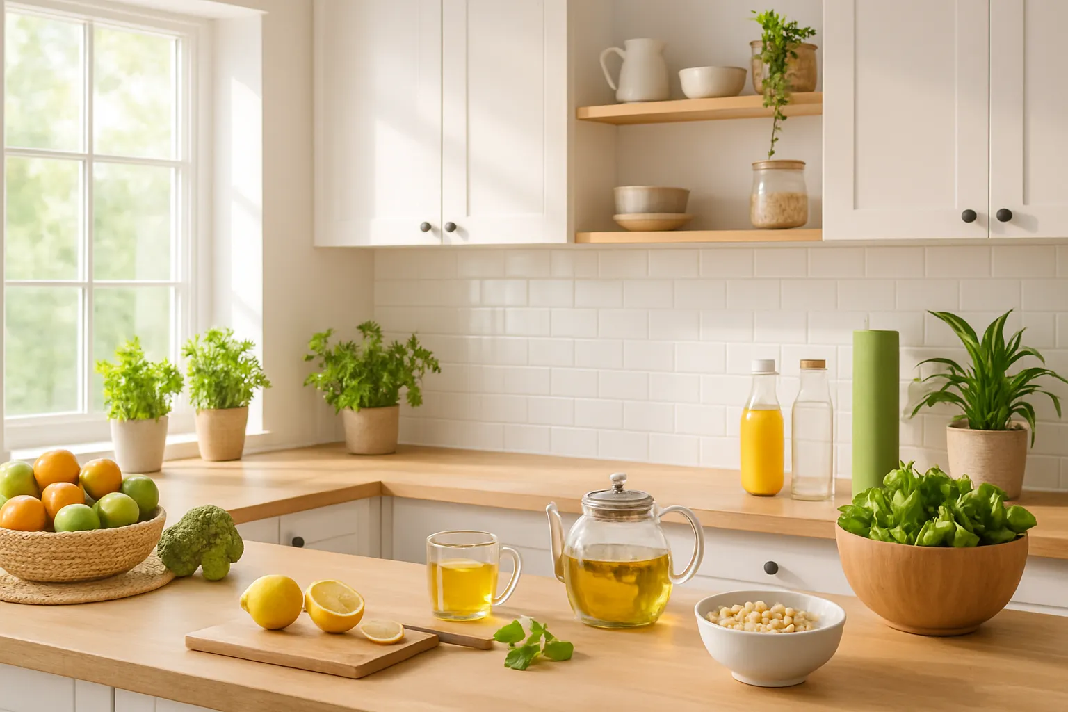 Cozinha Wellness – Ambiente de Vida Saudável Cozinha moderna e iluminada preparada para rotina de vida saudável com chás naturais