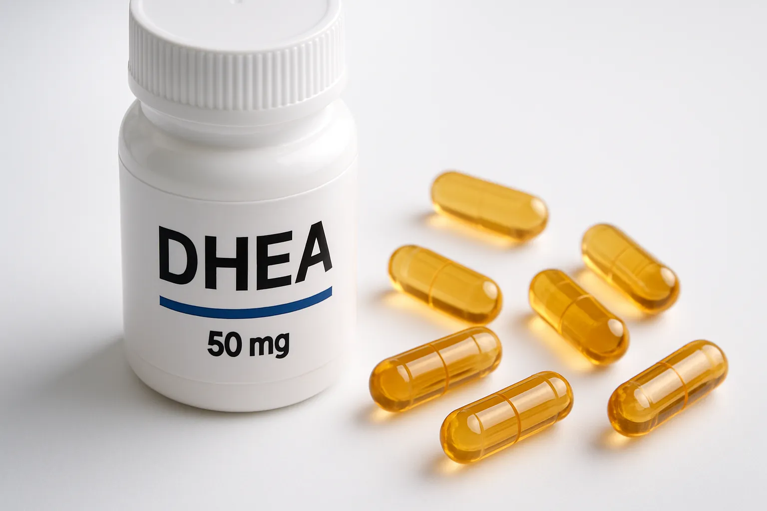 DHEA – O Hormônio da Juventude em Detalhe Cápsulas de DHEA em apresentação científica mostrando o hormônio da juventude para reposição hormonal