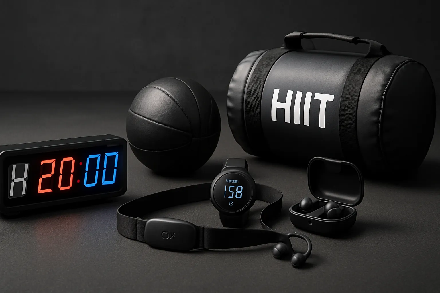 Equipamentos HIIT – Tecnologia Para Performance Máxima Conjunto de equipamentos especializados para treino HIIT, incluindo cronômetros e monitores de frequência cardíaca