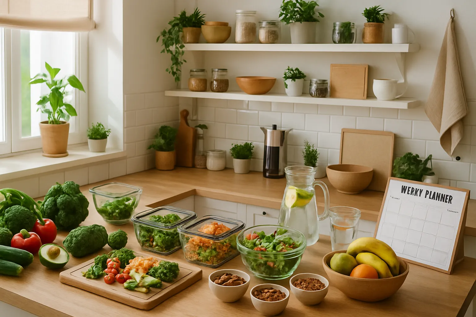 Estilo de Vida Equilibrado para Controle da Insulina Ambiente de cozinha saudável com alimentos naturais organizados para controle da insulina e emagrecimento