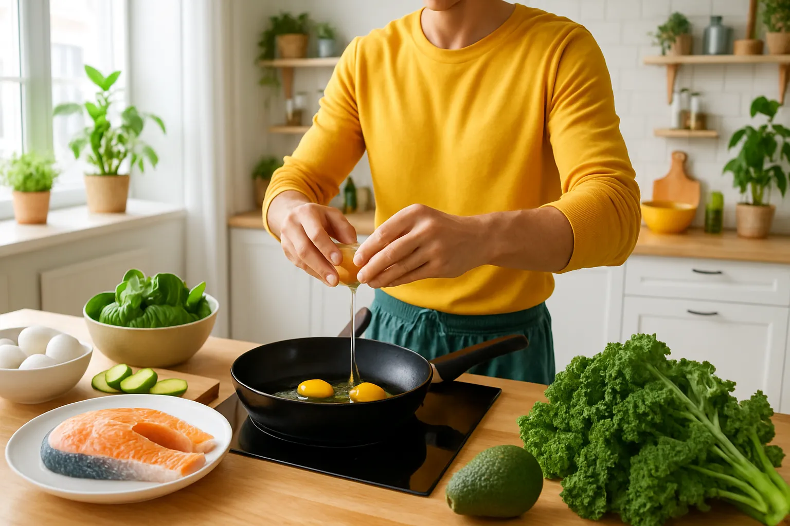 Pessoa preparando alimentos ricos em vitamina B12 em cozinha moderna, demonstrando recuperação da energia e estilo de vida saudável