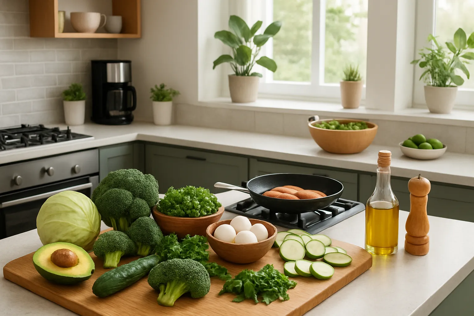 Estilo de Vida Keto – Cozinha Saudável e Bem-Estar Cozinha moderna preparada para estilo de vida cetogênico com ingredientes saudáveis e ambiente de bem-estar
