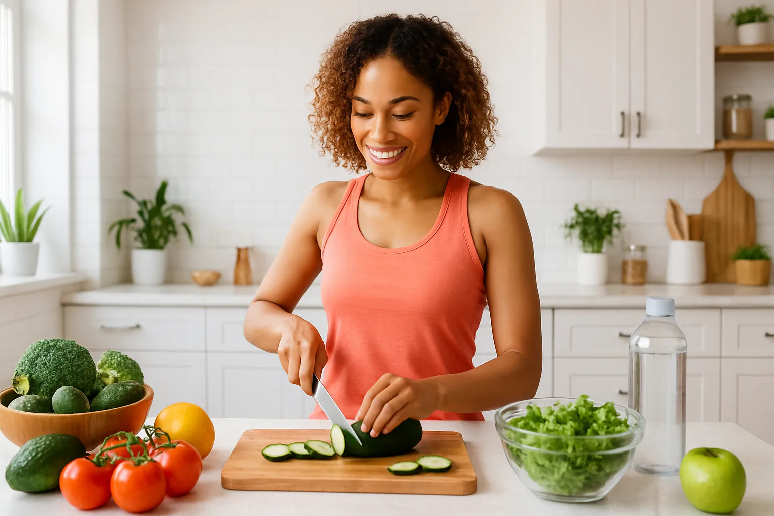 Estilo de Vida Saudável e Metabolismo Ativo Mulher preparando refeição saudável em cozinha moderna, representando estilo de vida que acelera o metabolismo