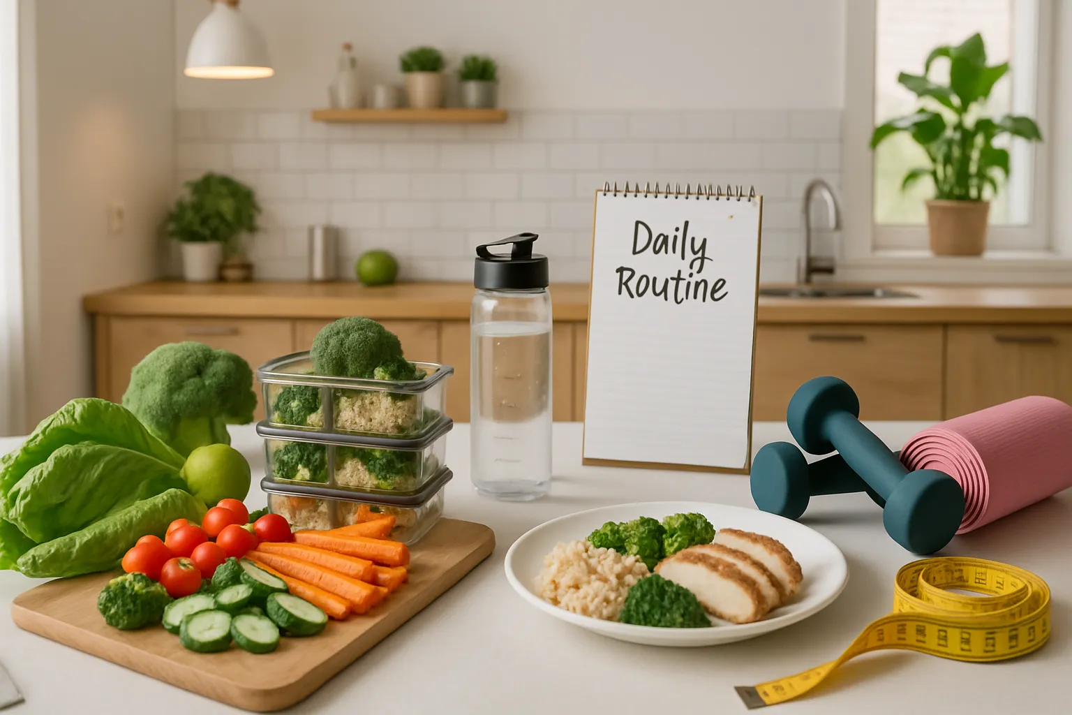 Estilo de Vida Saudável e Rotina de Emagrecimento Ambiente doméstico saudável com cozinha moderna, alimentos nutritivos e elementos de bem-estar que promovem um estilo de vida focado no emagrecimento