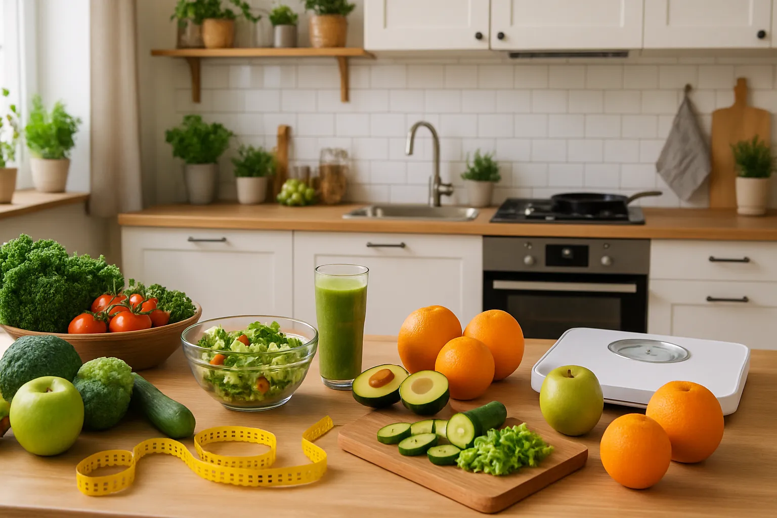 Ambiente de cozinha saudável com alimentos frescos representando mudança de estilo de vida para emagrecimento