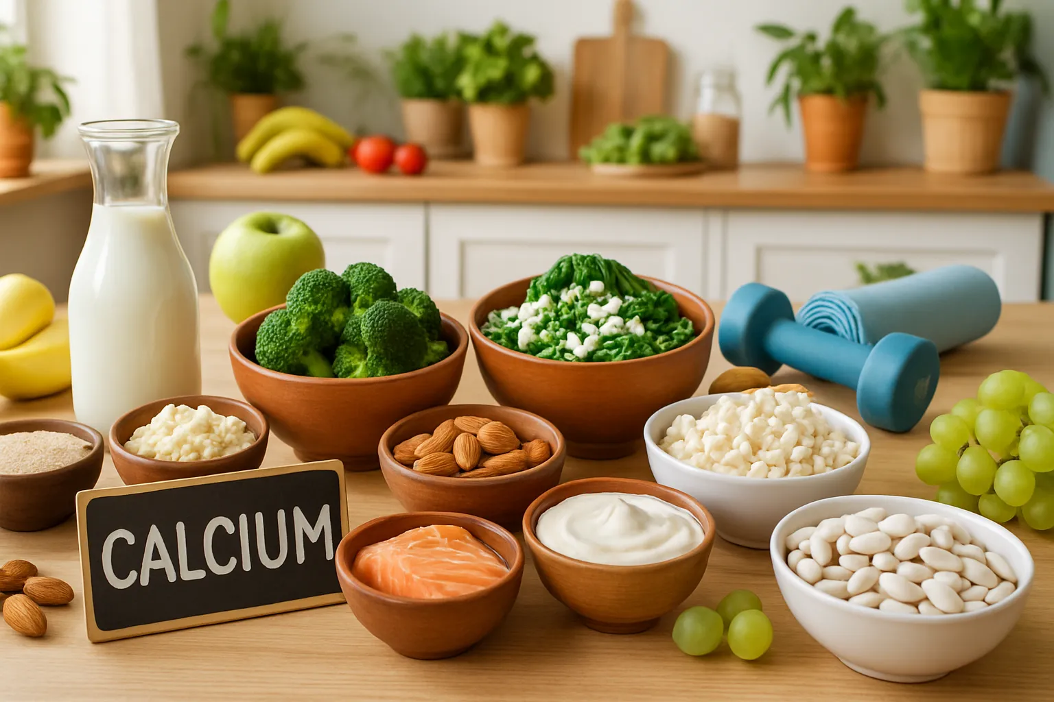Estilo de Vida Saudável com Foco em Longevidade Cozinha saudável com alimentos ricos em cálcio e nutrientes para saúde óssea e cardiovascular
