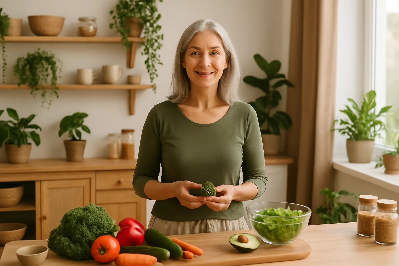 Estilo de Vida Saudável na Menopausa Mulher madura em ambiente doméstico saudável com alimentação equilibrada e estilo de vida wellness