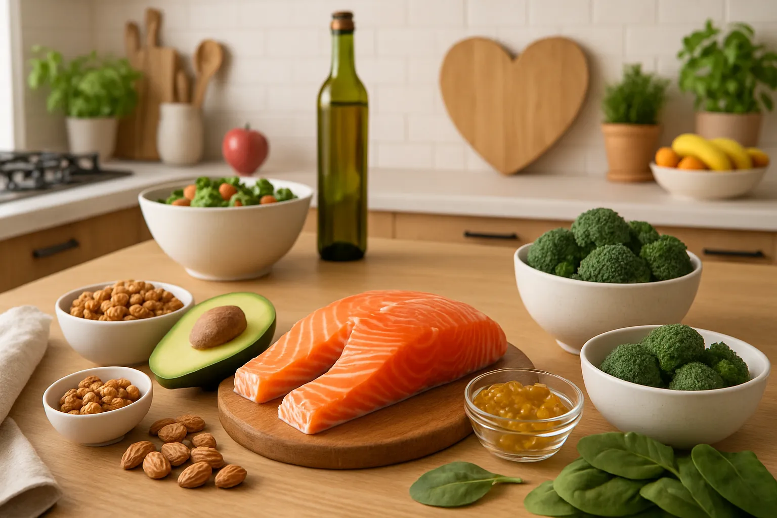 Cozinha moderna com alimentos ricos em ômega 3 como salmão e nozes para estilo de vida saudável