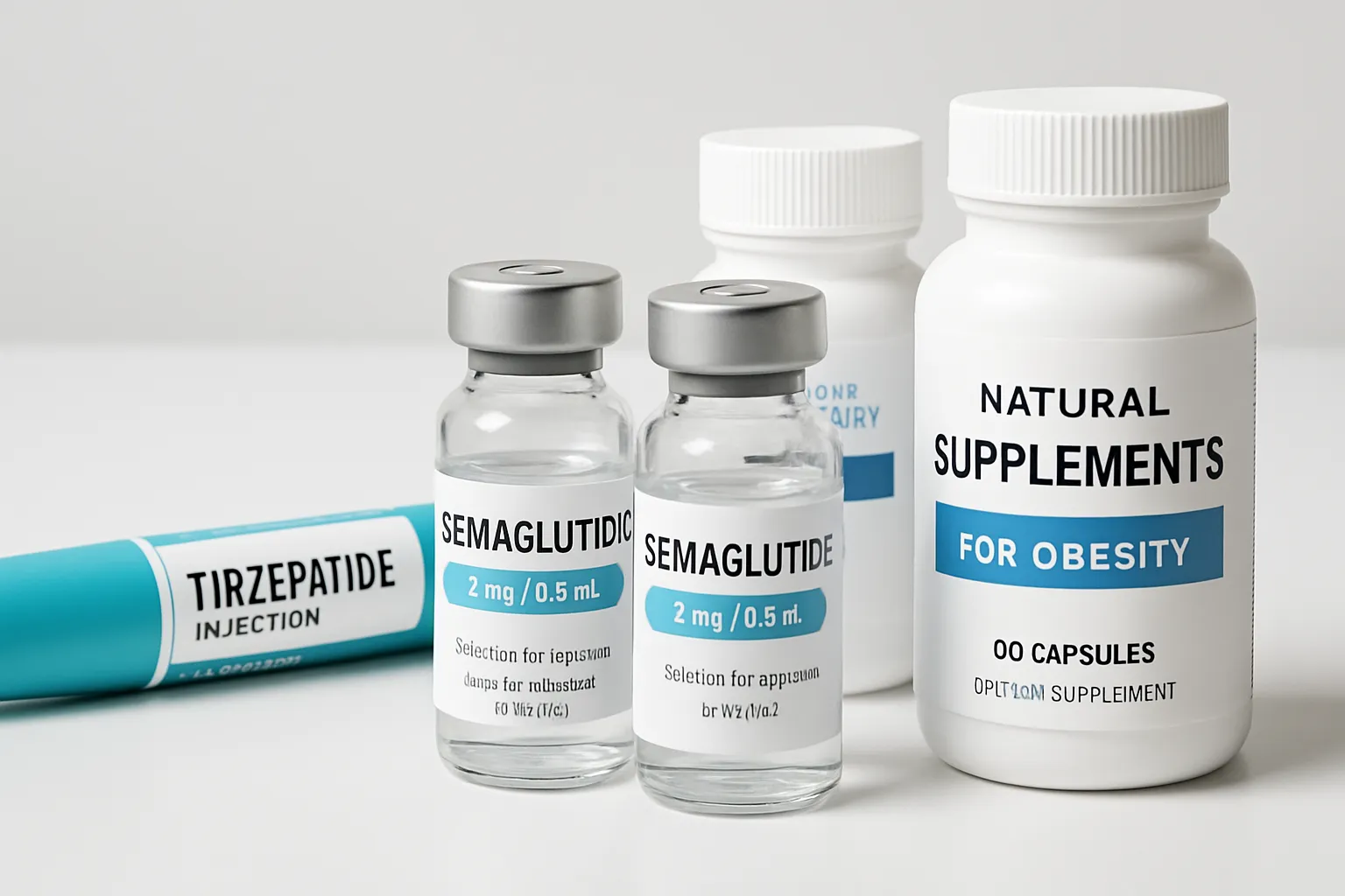 Conjunto de medicamentos para emagrecimento incluindo tirzepatida, semaglutida e suplementos naturais organizados profissionalmente