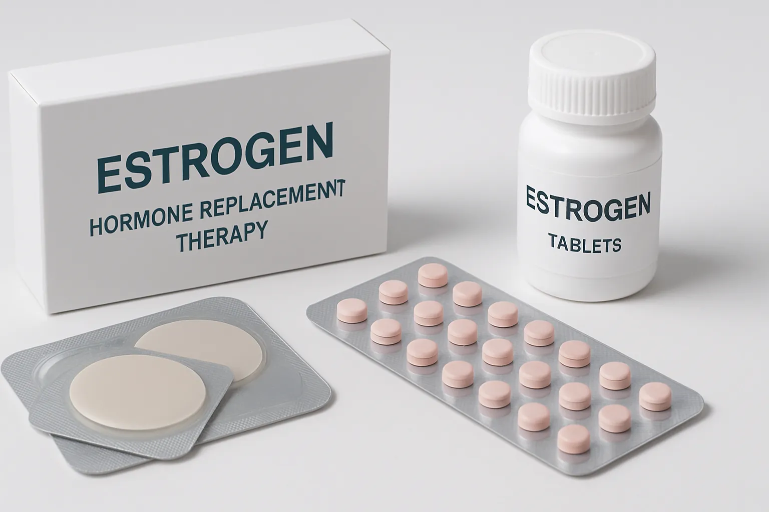Medicamentos para Reposição de Estrogênio Diferentes formas de medicamentos para reposição hormonal incluindo adesivos, comprimidos e géis de estrogênio