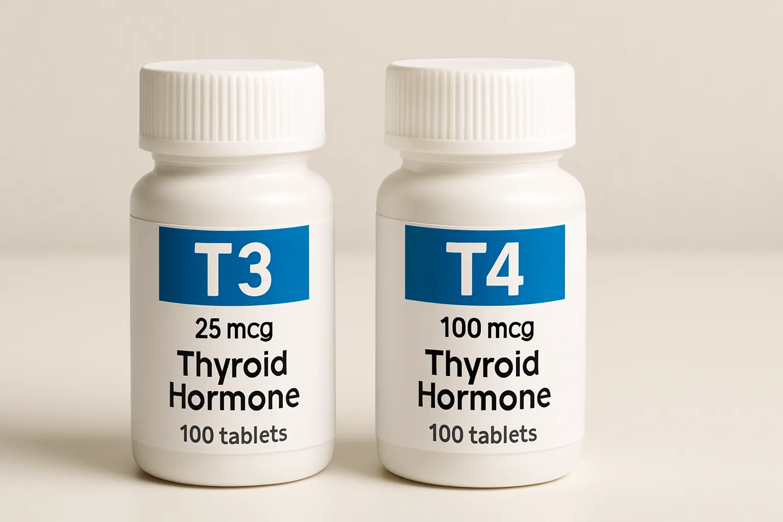 Hormônios Tireoidianos T3 e T4 Frascos de medicamentos para reposição hormonal da tireoide T3 e T4 em apresentação científica
