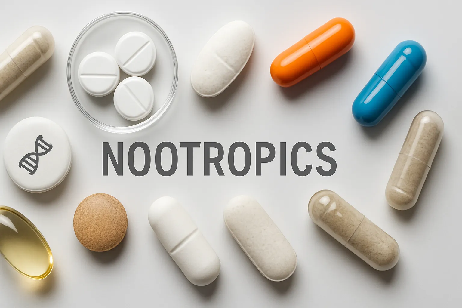 Nootrópicos e Suplementos Cognitivos em Destaque Coleção de nootrópicos e suplementos para otimização cognitiva em apresentação científica