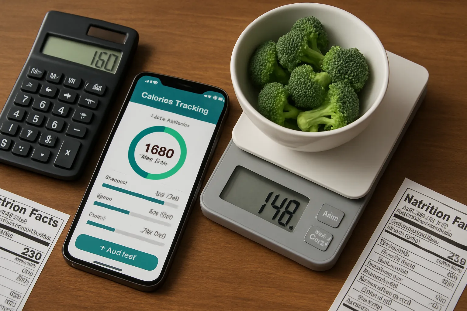 Obsessão por Contagem de Calorias Aplicativo de contagem de calorias no smartphone com balança de alimentos e calculadora