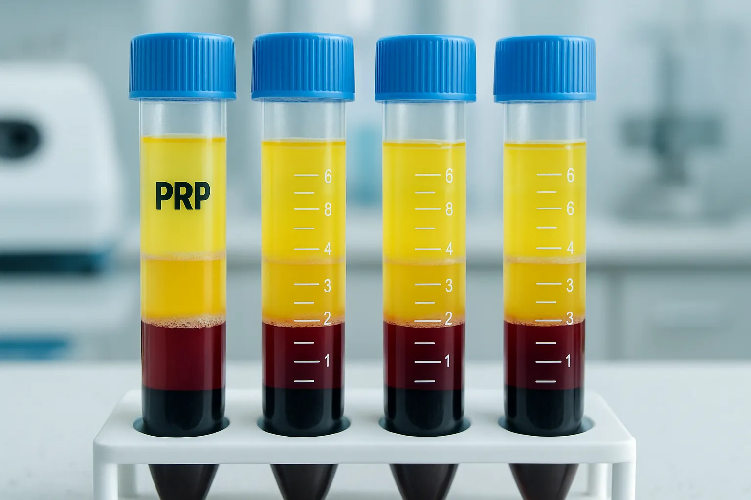 Plasma Rico em Plaquetas – Processo Científico do PRP Tubos de ensaio com plasma rico em plaquetas após centrifugação, mostrando o processo científico do PRP
