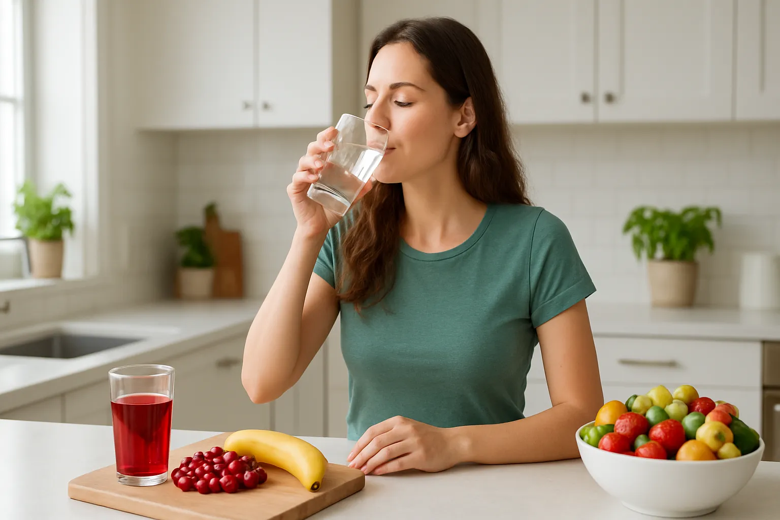Estilo de Vida Saudável para Prevenção de ITU Ambiente de cozinha saudável com água, cranberry e hábitos preventivos contra infecção urinária