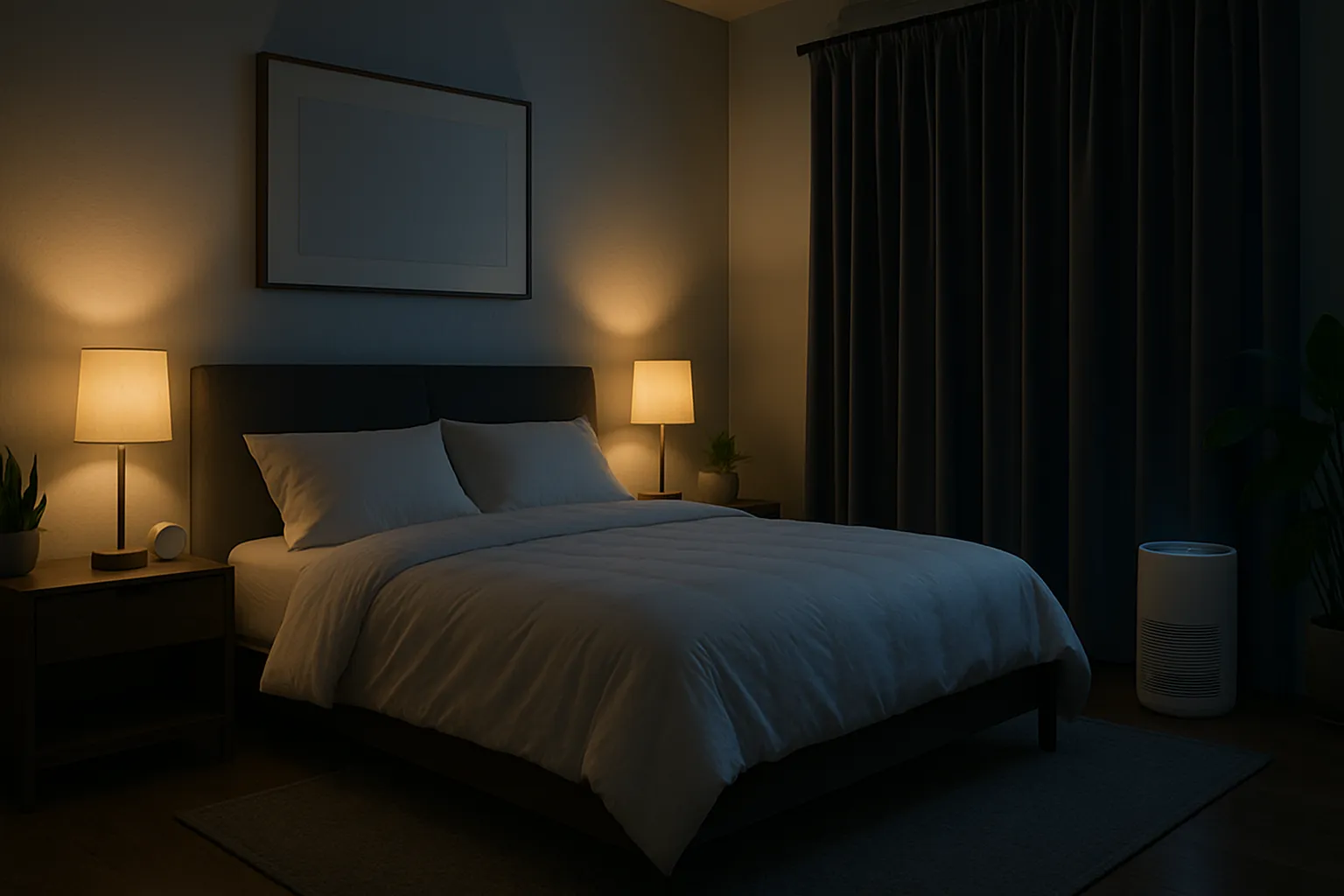 Quarto Otimizado Para Sono Reparador Quarto perfeitamente preparado para sono de qualidade com temperatura ideal, escuridão total e ambiente tranquilo para máximo descanso