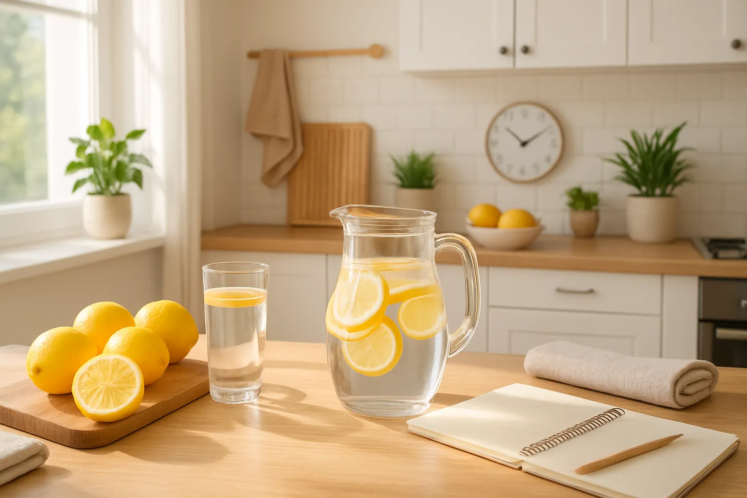 Cozinha moderna e iluminada com rotina matinal saudável, água com limão como parte do estilo de vida wellness