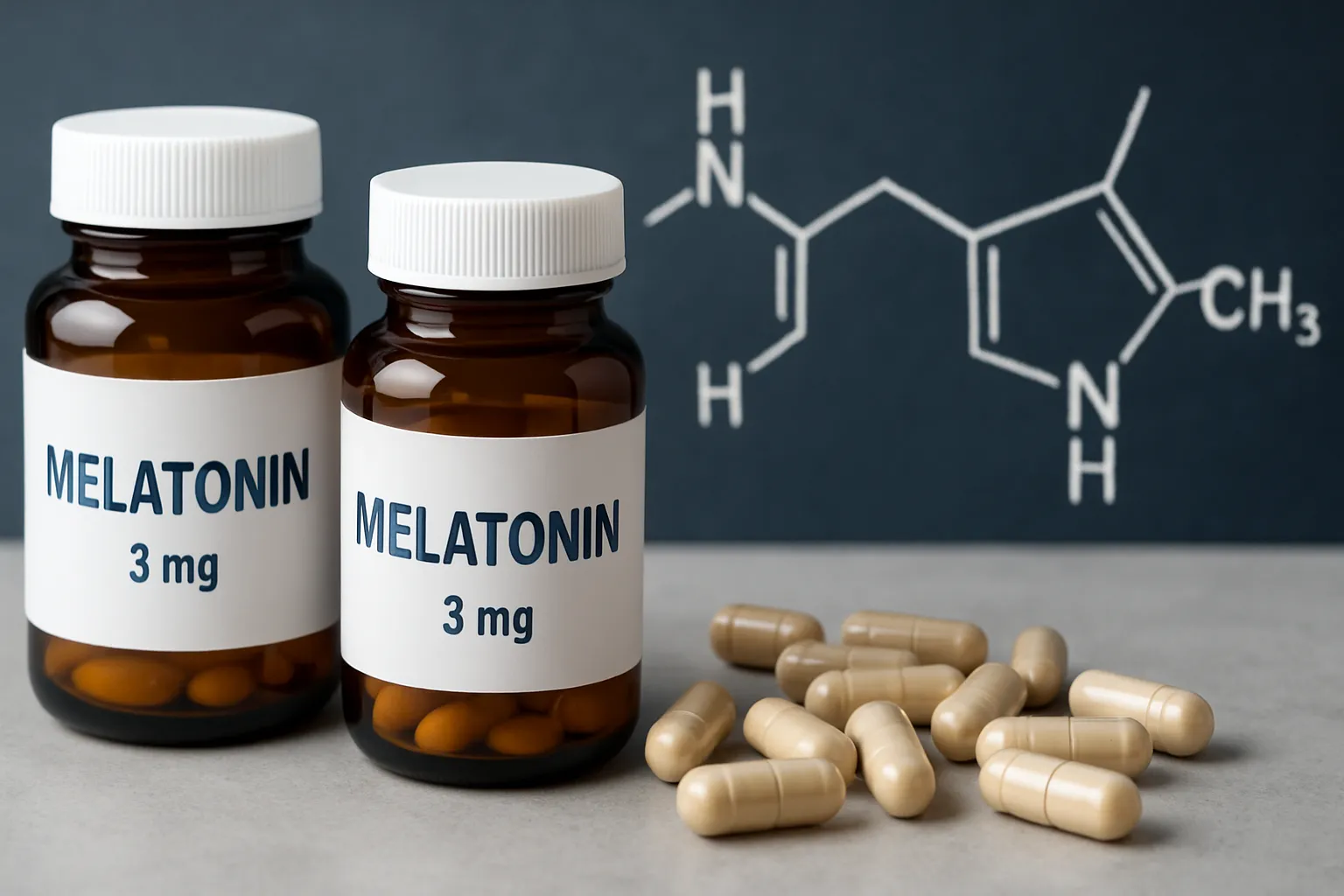 Melatonina: Estrutura Molecular e Suplementação Frascos de suplemento de melatonina com representação da estrutura molecular do hormônio do sono