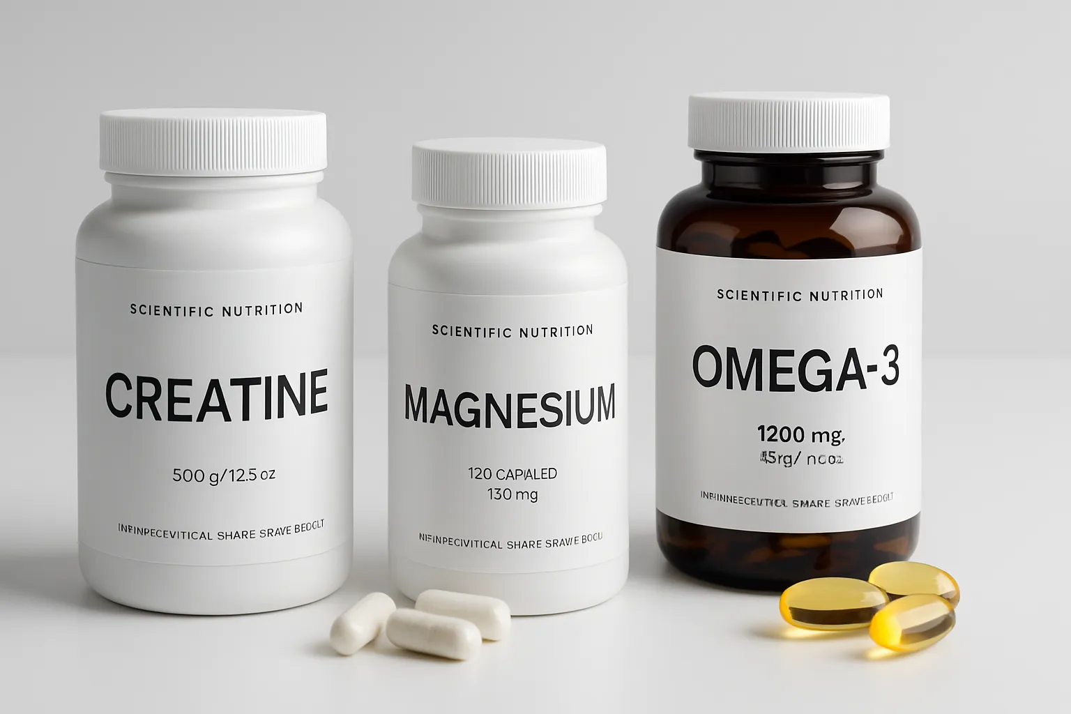 Conjunto de suplementos estratégicos para biohacking incluindo creatina, magnésio e ômega-3 em apresentação técnica